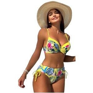 Tropical Yellow Print Adjustable Strap Bikini Set M Juniors 6 NWOT